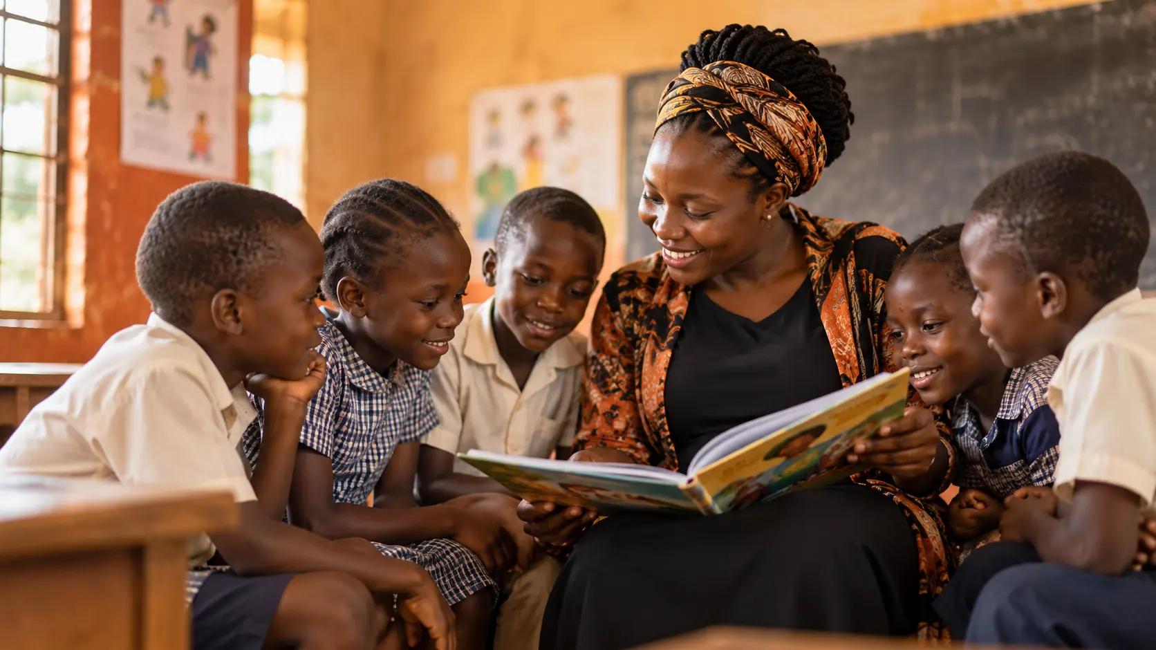 Illustrative scene of a woman reading with children